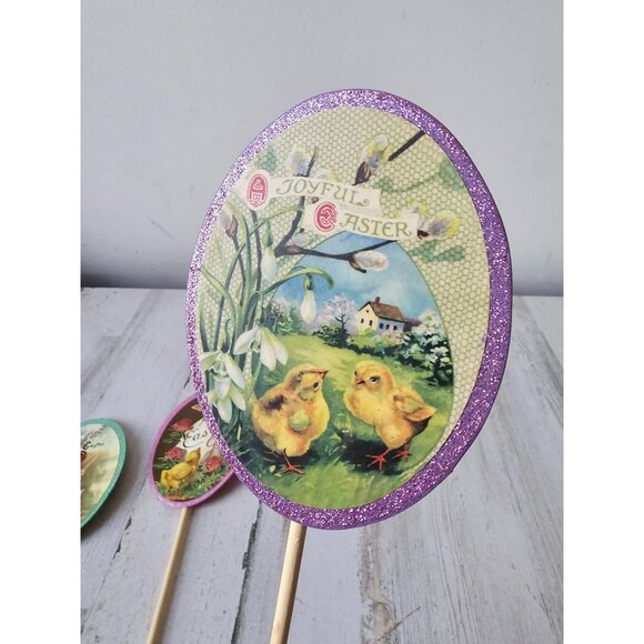 Shabby chic vintage style Easter egg sign glitter rabbit chicken girl unique set - Picture 6 of 10